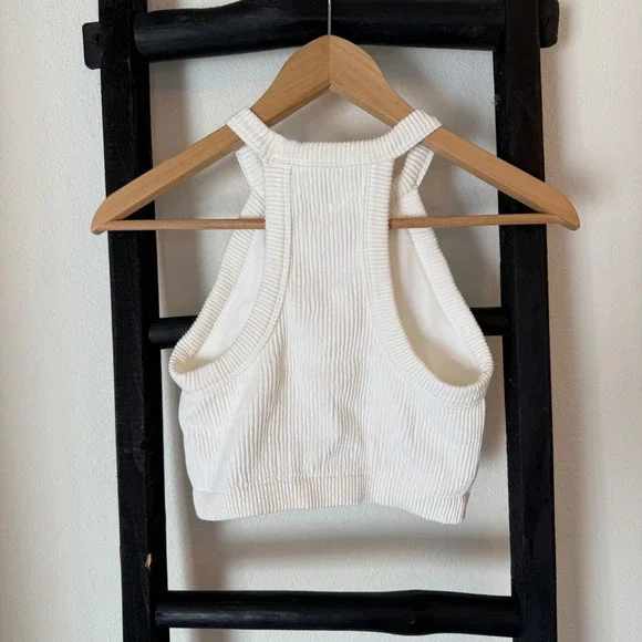 Aerie White High Neck Halter Ribbed Crop Tank Top Size M Seamless Racerback - Picture 3 of 6